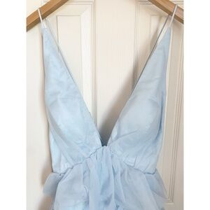 Selfie Leslie Auguste Tiered Frill Mini Dress Plunging Neck Sleeveless Blue XL